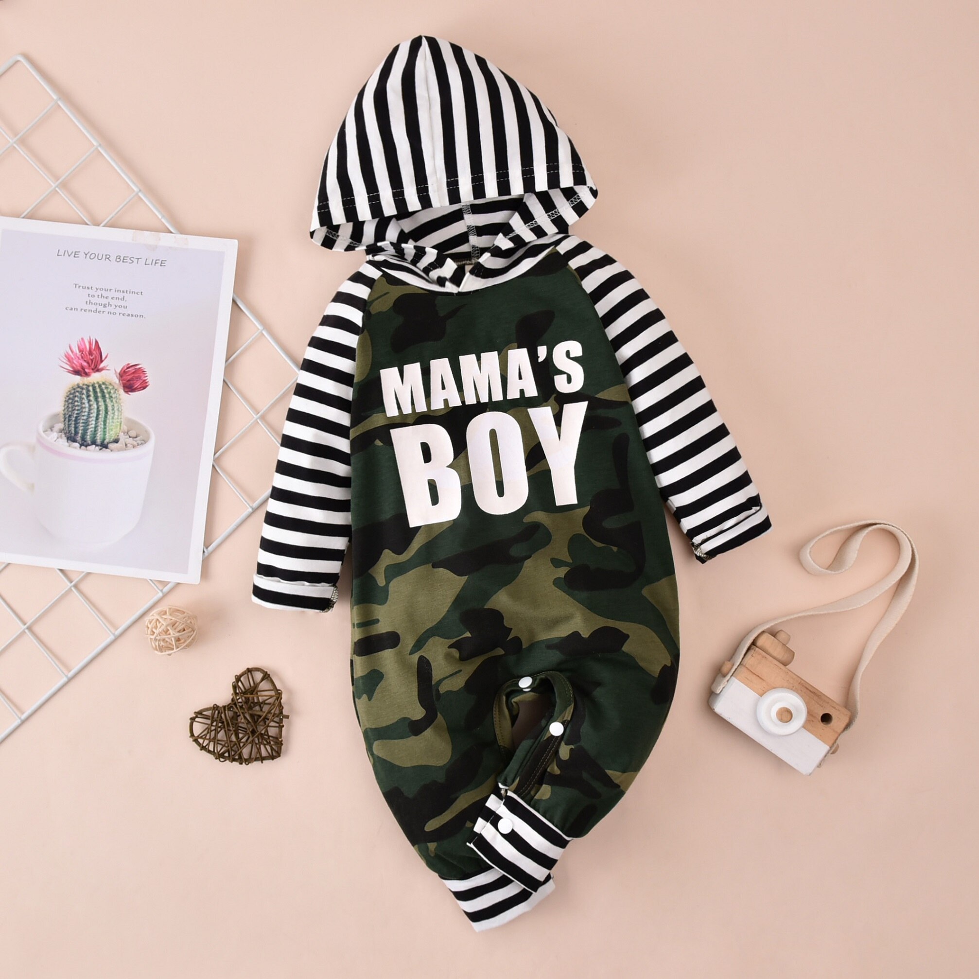 FOCUSNORM 0-12M Newborn Baby Boys Rompers Striped Letter Camouflage Print Long Sleeve Jumpsuits 2 Style