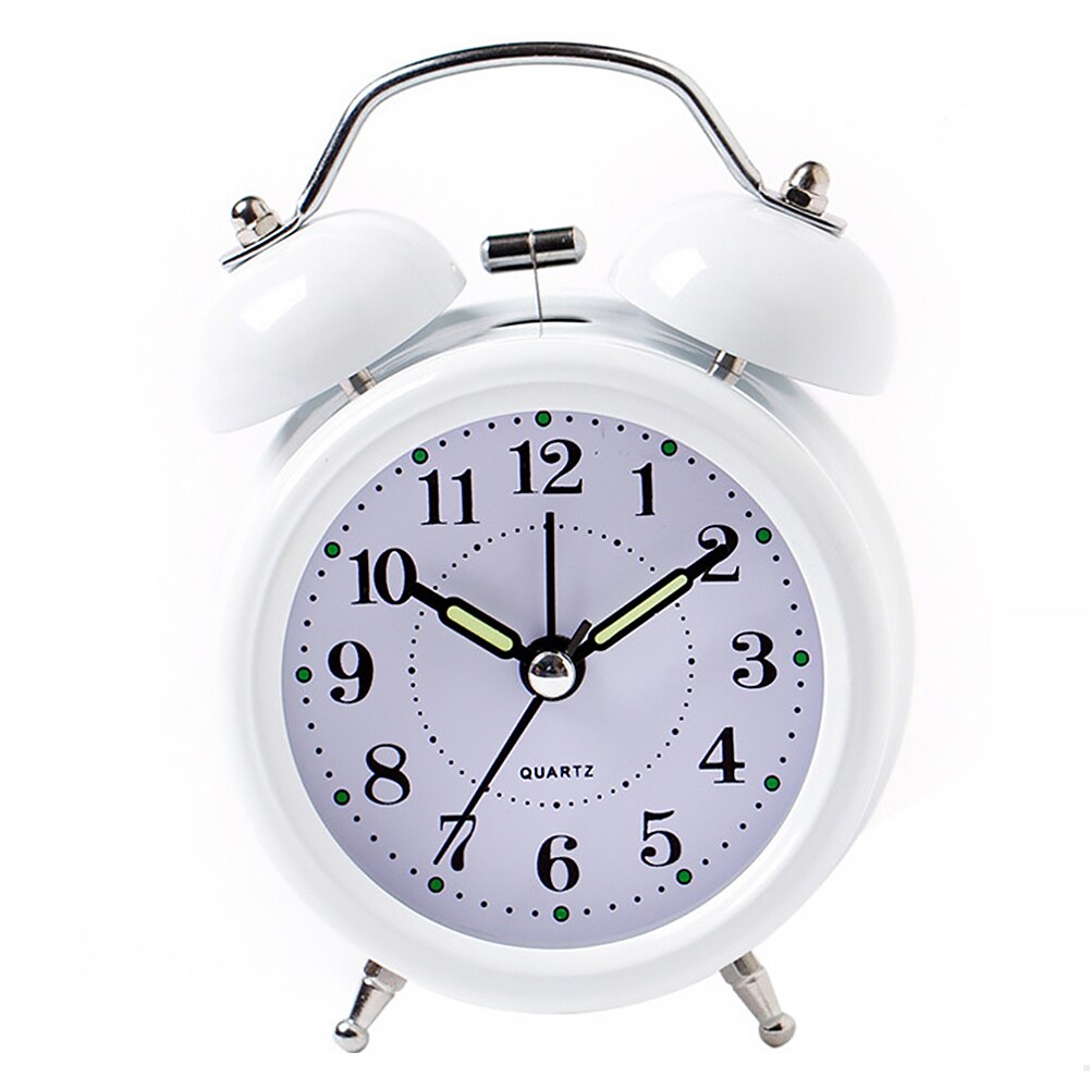 Battery Operated Living Room Alarm Clock Bedroom Lightweight Portable Mini Cute Desktop Multifunction Metal With Night Light: White