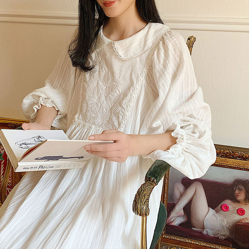 Camisones largos de algodón blanco con bordado Vintage para mujer, ropa de dormir Floral, vestido de noche para primavera y otoño
