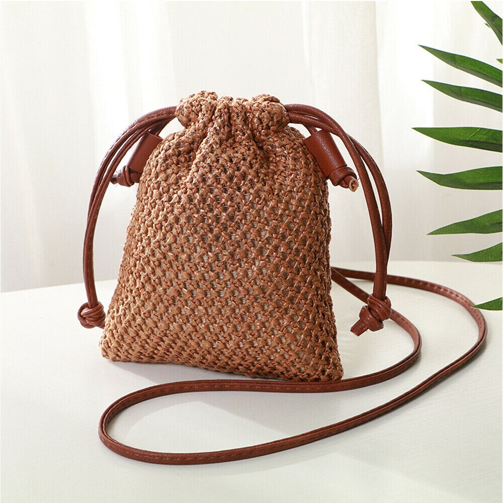 Women Girl Rattan Wicker Handbag Beach Crossbody Drawstring Bags Casual Bohemian Straw Woven Bag: Auburn