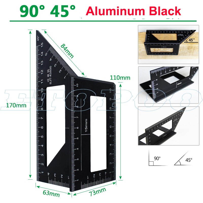 Japansk aluminiumslegering træbearbejdning multifunktionel firkant 45 grader 90 grader gauge lineal plast vinkel vinkelmåler: 90 45 grader sort