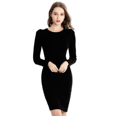 Suvance Spring Autumn Casual Knitted Solid Color Patchwork O Neck Long Sleeve Slim Elastic Women Mini Dress: Black