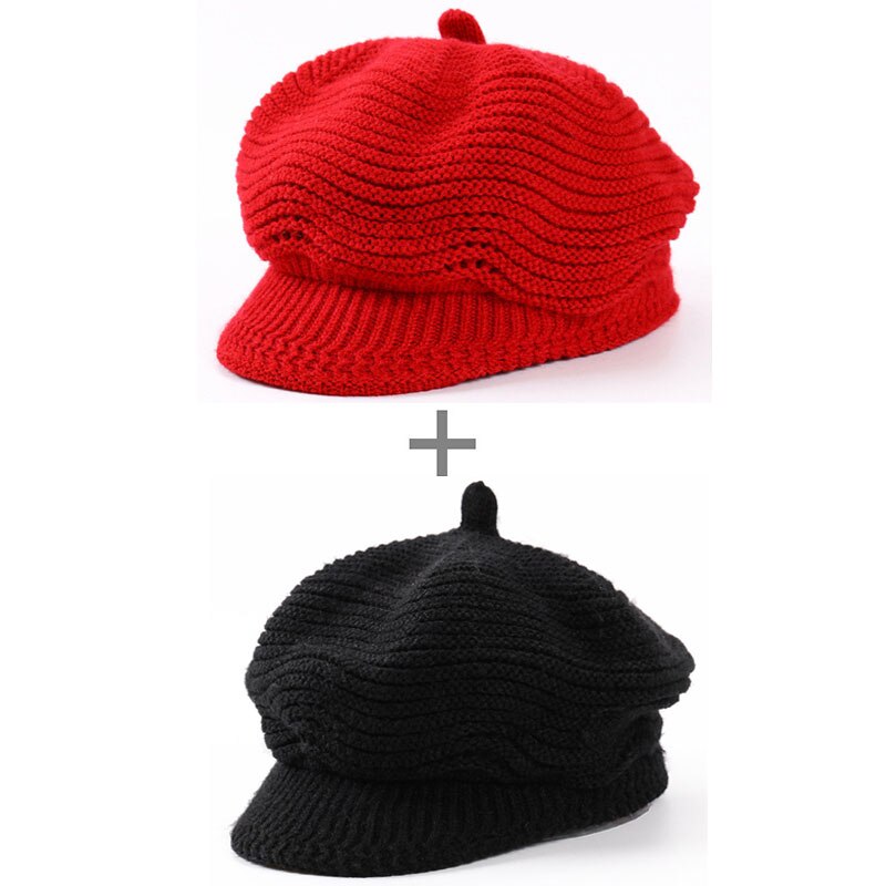 [Aetrends] Vrouw Hoed Gebreide Achthoekige Hoeden Voor Vrouwen Vintage Achthoekige Cap Vrouwen Hoeden Sombrero Mujer Sombrero Z-6598: Red and Black