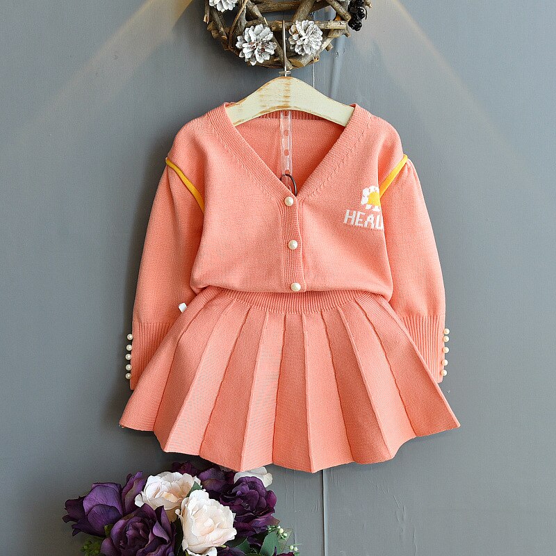 Conjunto de ropa para niños y niñas, suéteres para niñas pequeñas, suéter de punto, falda superior, 2 piezas, ropa de invierno: Orange / 6 años
