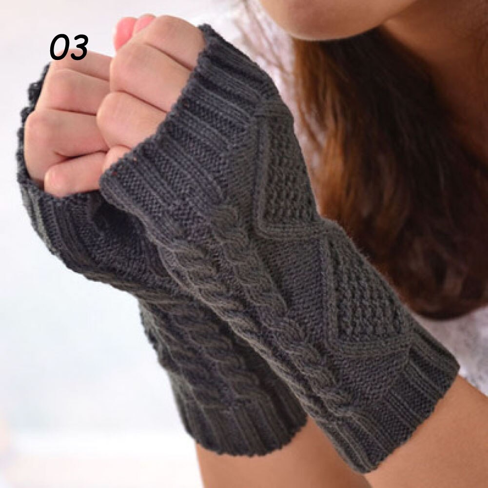 Sparsil kvinder vinterstrik fingerløse handsker varm uld strikhandske 20cm jacquard halvfinger vanter elastisk kort håndledsbeskytter: 03 mørkegrå handsker