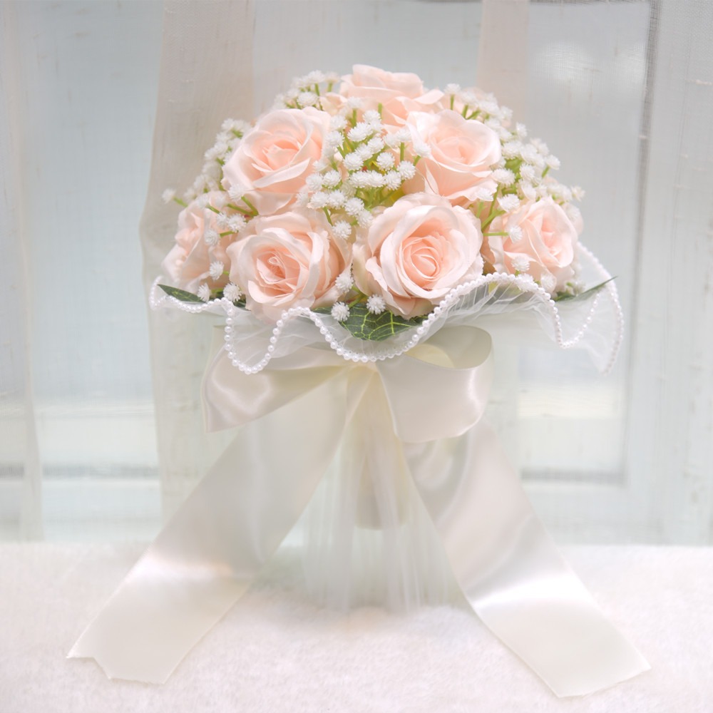 Baby's Atem Romantische Hochzeitssträuße Künstliche Seidenblumen Schleifenband Brautstrauß Koreanischer Stil Perlen Spitze Weiße Rosen Strauß: schwarz