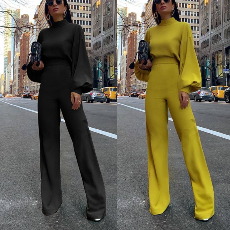 Efterår street langærmet solid sort bodysuit spandex overalls med rullekrave til kvinders barboteuse femme jumpsuits