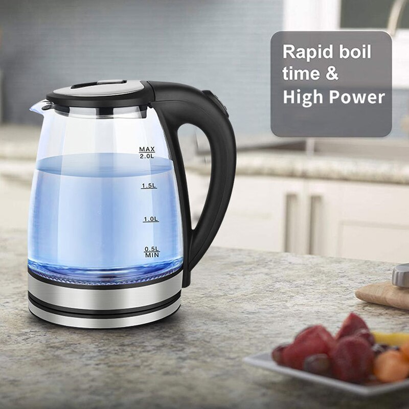 Electric Glass Kettle with Blue LED Lighting, 2L Borosilicate Glass Electric Water Kettle, 1500W Quick Boiling, BPA Free