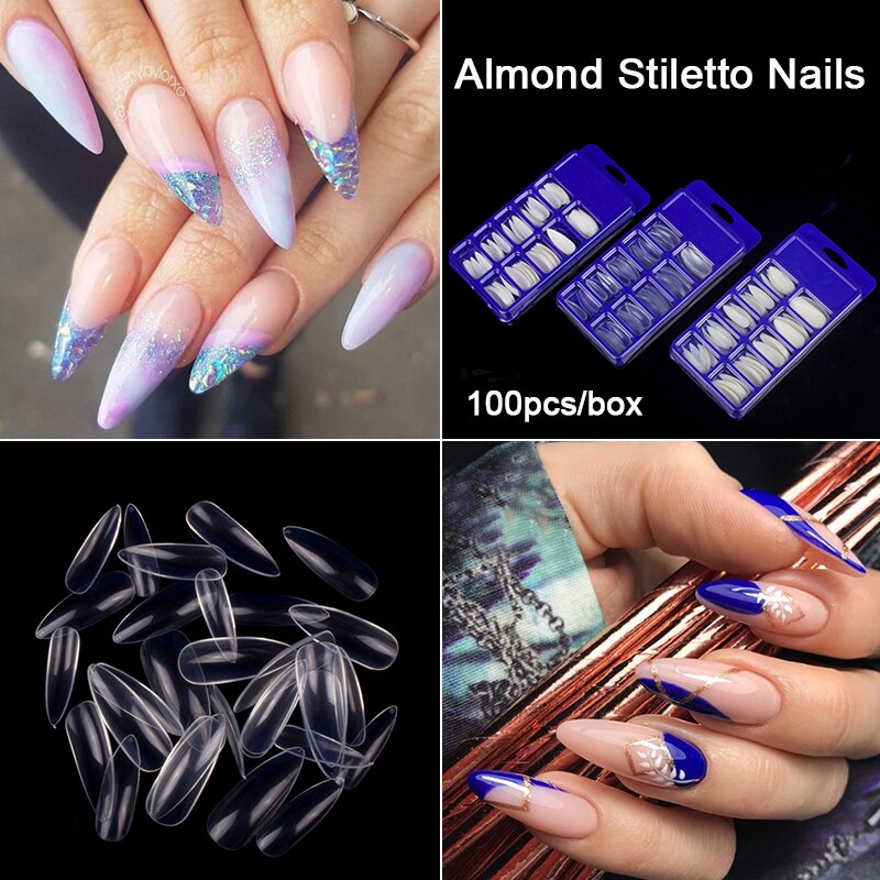 100pcs/set Long Clear Almond Nail Tips Acrylic Stiletto False Nails Full Cover False Nails Artificial Press on Nails for Women