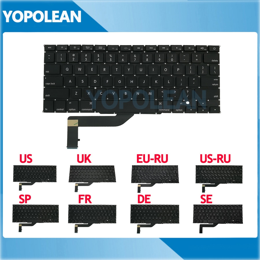 US UK Russian Spain French German Sweden Laptop Keyboard For Macbook Pro Retina 15" A1398