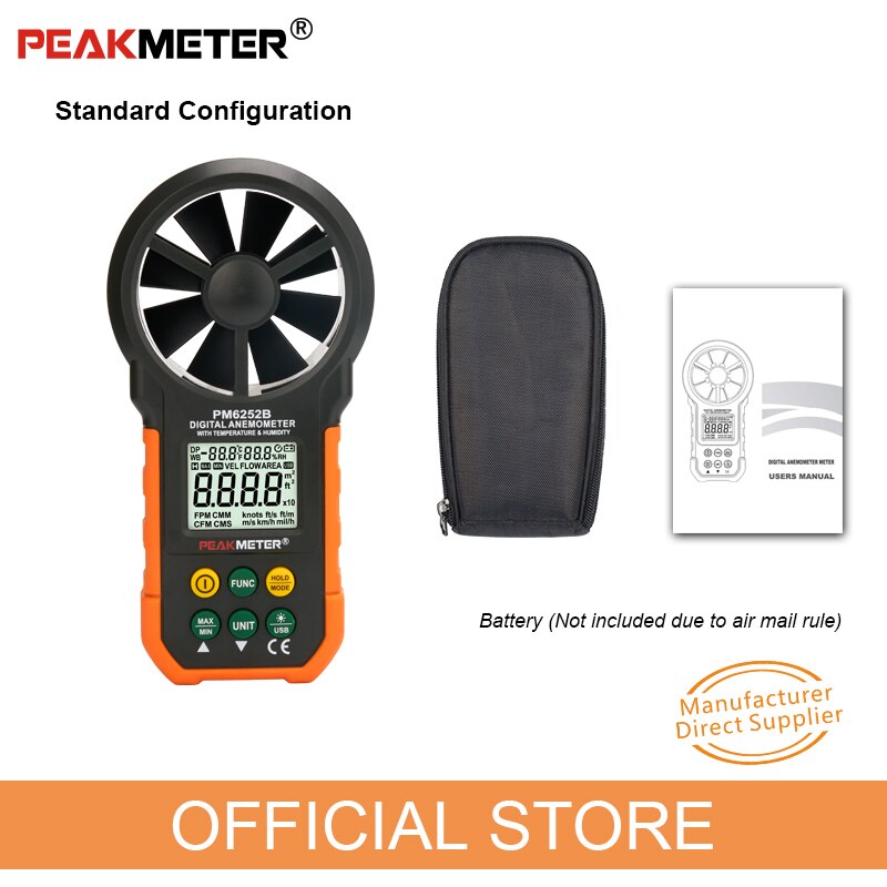 PEAKMETER PM6252A PM6252B LCD Digital Anemometer thermometer Wind Air Velocity Tester Humidity Temperature Backlight RH USB Port