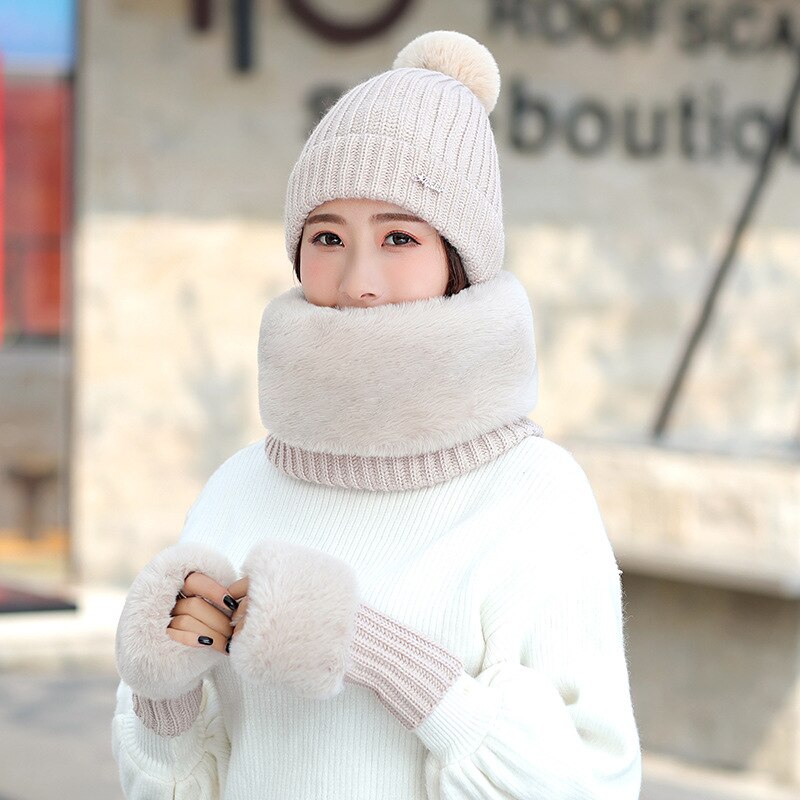 Ensemble de 3 pièces pour femme, bonnet, écharpe, gants en tricot de coton, bonnet, col à bretelles, pour fille, hiver: khaki