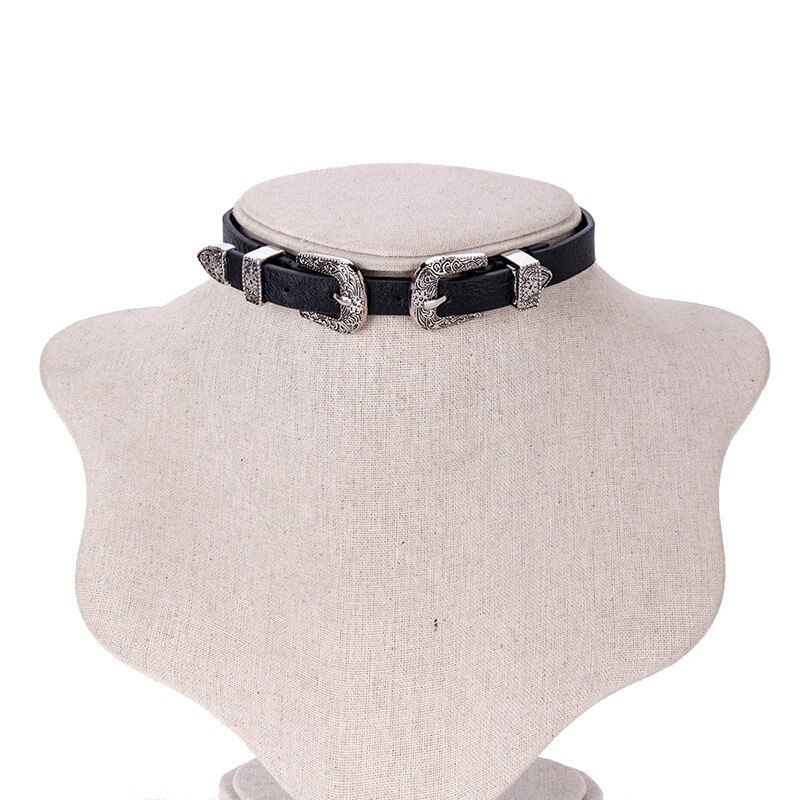 Vintage Women Choker Necklaces Pu Leather Belt Collar Choker With Double Buckles Adjustable Choker Jewelry For Girl