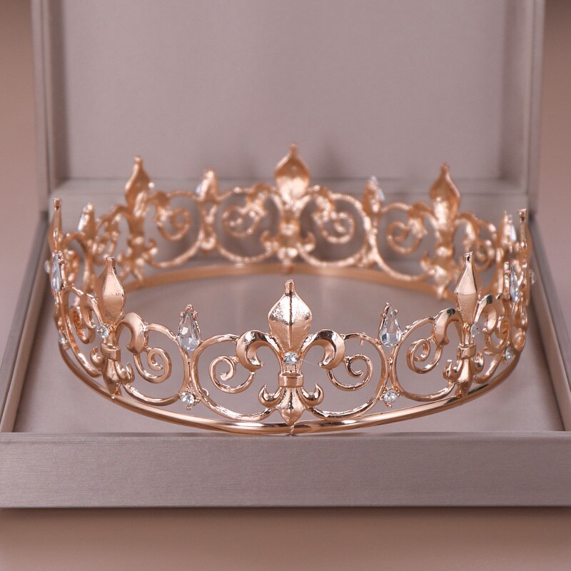AiliBride or rond couronne roi reine mariage diadème mariée casque hommes fête cristal cheveux bijoux mariage cheveux accessoires: Or-couleur