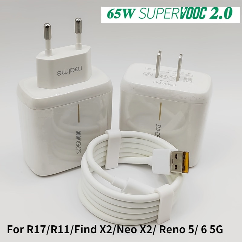 Realme Supervooc 65W Fast Charger EU/US Supervooc 2.0 Adapter 6.5A Type C Cable for For R17 R11 Find X2/X2 Pro/Reno6/ ACE 2 X20