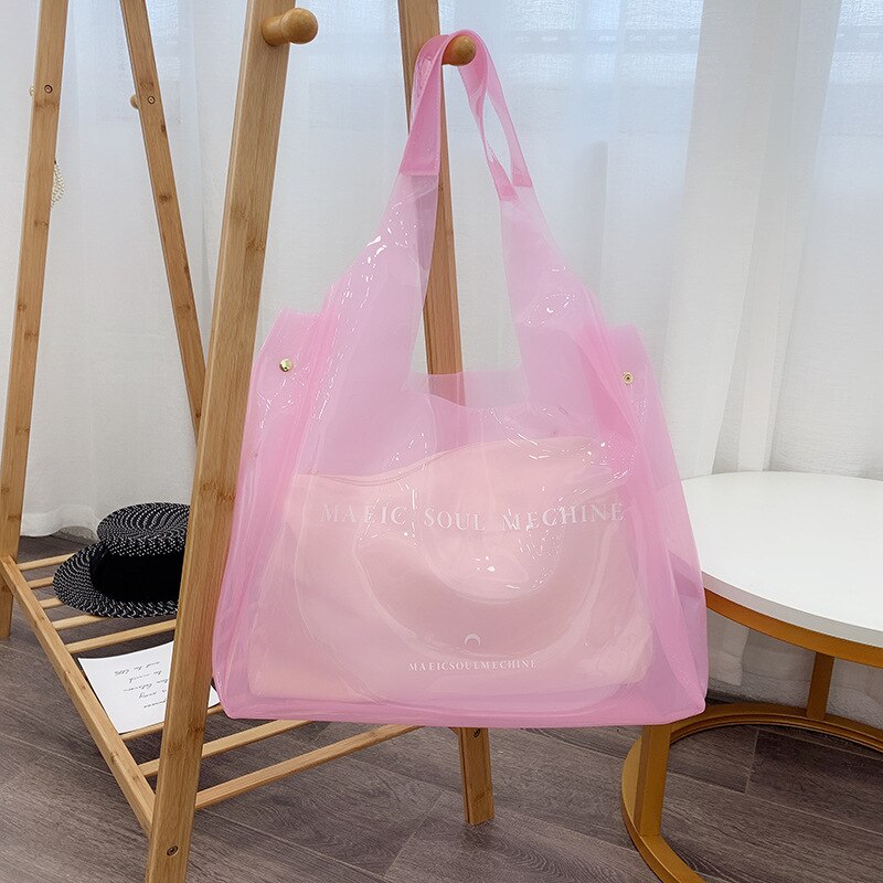 2019 Novo Saco Mulheres Bolsa de Ombro Grande Capacidade de saco de Praia PVC Transparente Geléia Bolsa Doces Casuais Tote Weekender Viagem Duffel Bag: Rosa