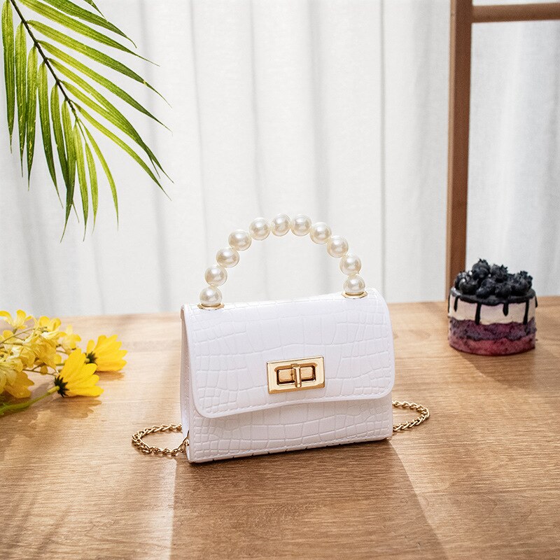 Mini bolso de gelatina de cuero para mujer, cartera de mano con perlas para , monedero,: pearl white