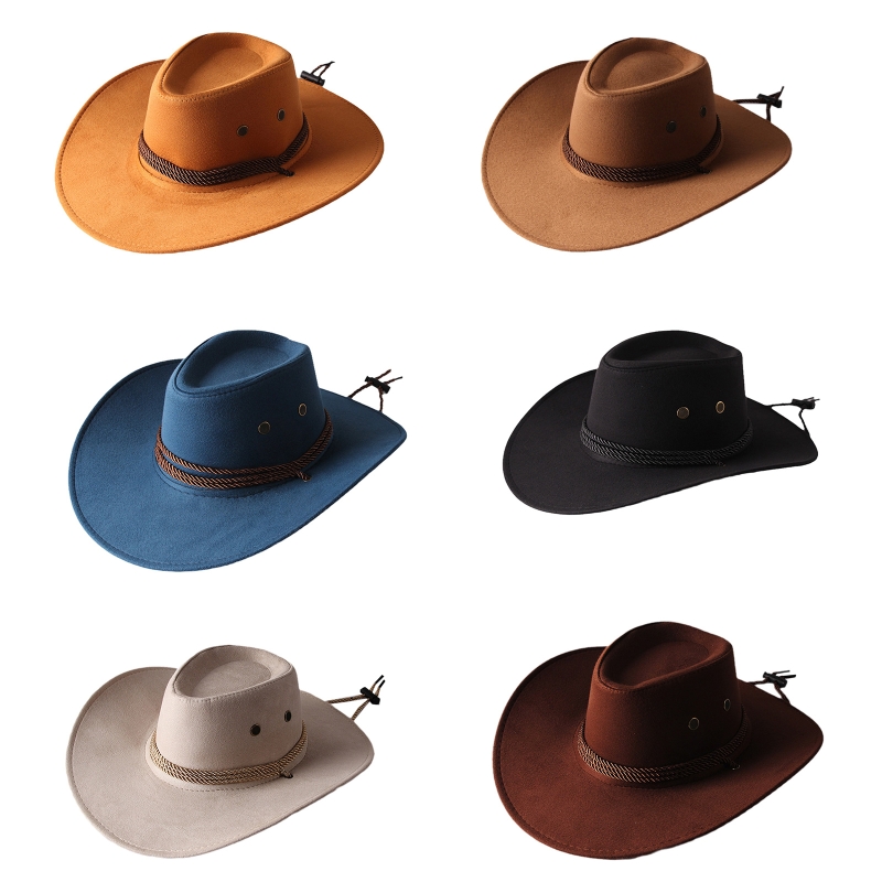 Unisex Western Cowboy Hat with Rope Men Women Retro Wide Brim Trendy Solid Color Jazz Hat Windproof Outdoor Sun Protection Cap