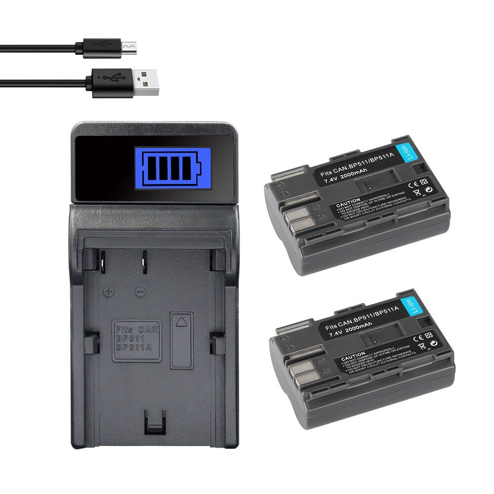 BP-511 BP511 BP-511A Battery For Canon EOS 40D 300D 5D 20D 30D 50D 10D D60 G6 BP511 FV40 FV30 FV100 200 Camera Batteries 2000mah: 1Charger 2Battery