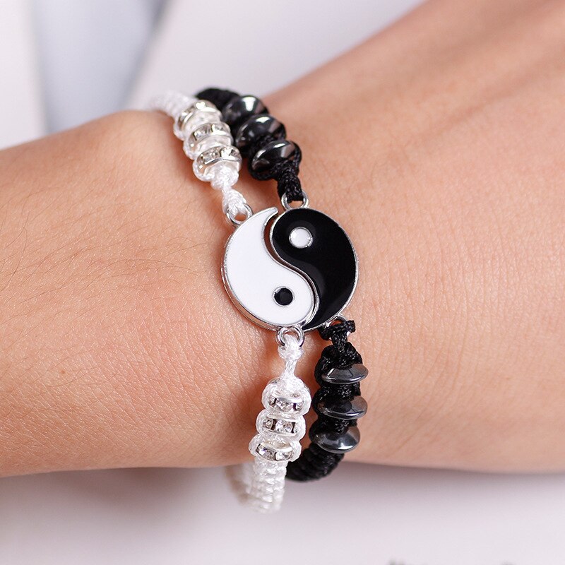 2 Stuks Zwart En Wit Armband Retro Chinese Stijl Tai Chi Legering Gevlochten Polsband Mannen En Vrouwen Paar Mode-sieraden