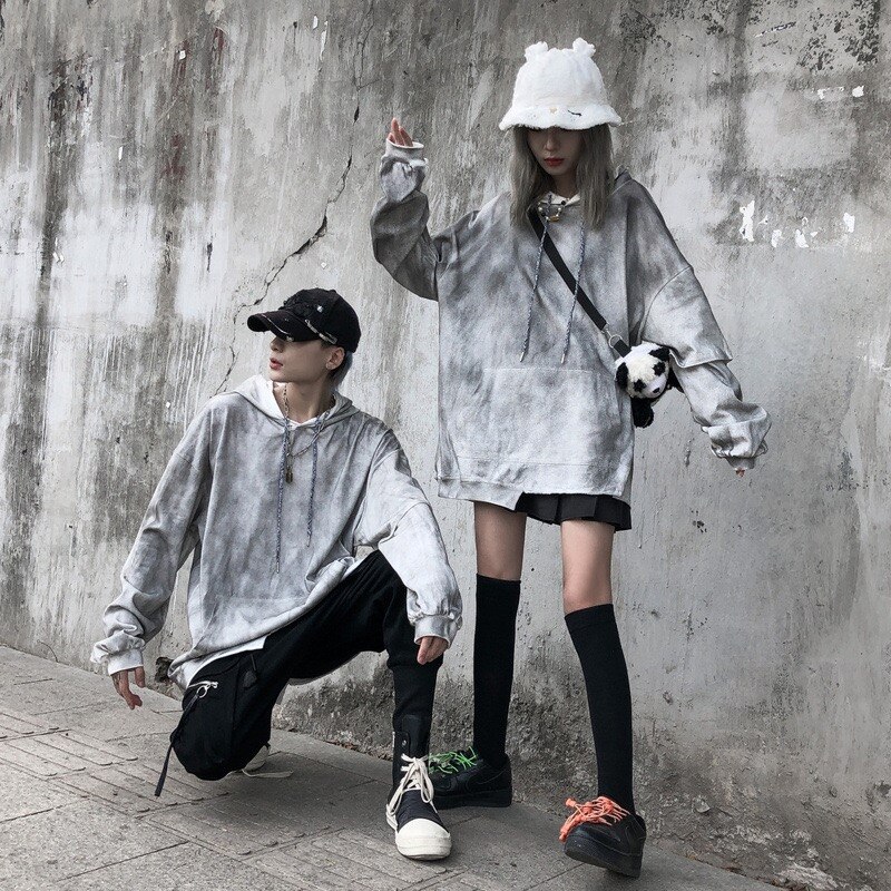 Herre dame langærmet snoretræk grå hættetrøje oversize unisex bomuld hip hop skjorte skøjteløb afslappet sport loose fit sweatshirt