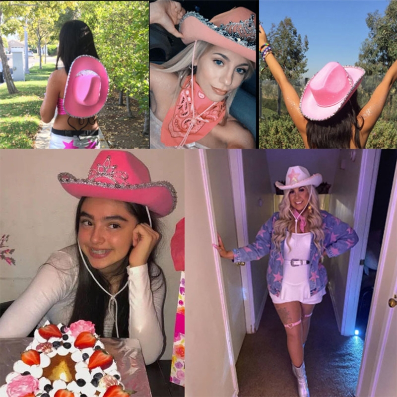 Roze Cowgirl Hoeden Voor Vrouwen Koe Meisje Hoeden Met Tiara Hals Trekkoord Vilt Cowboy Kostuum Accessoires Party Hoed