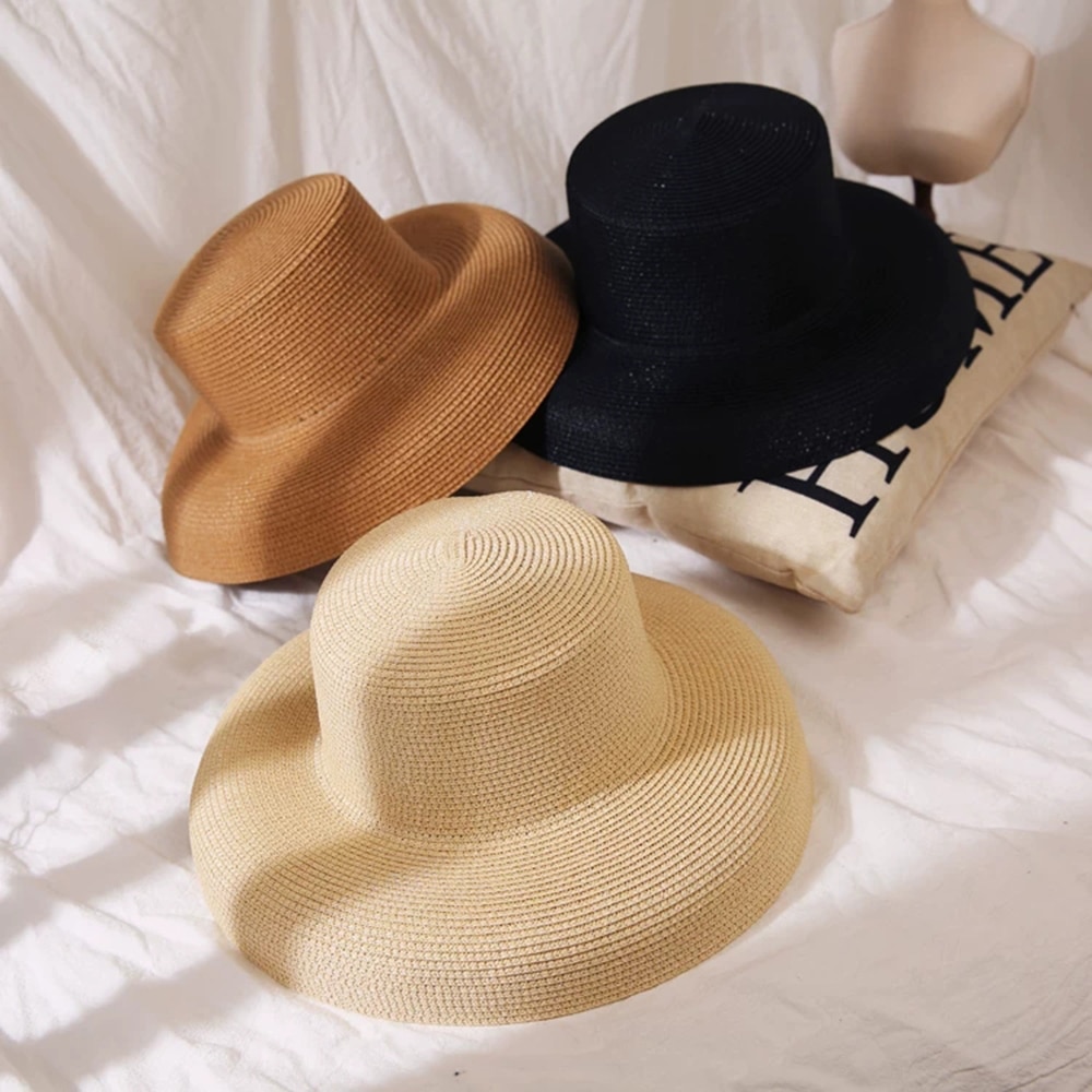 Sorte solhatte bucket cap til kvinder sommer stråhat flad top kvindelig strandhat panama hatte chapeu feminino