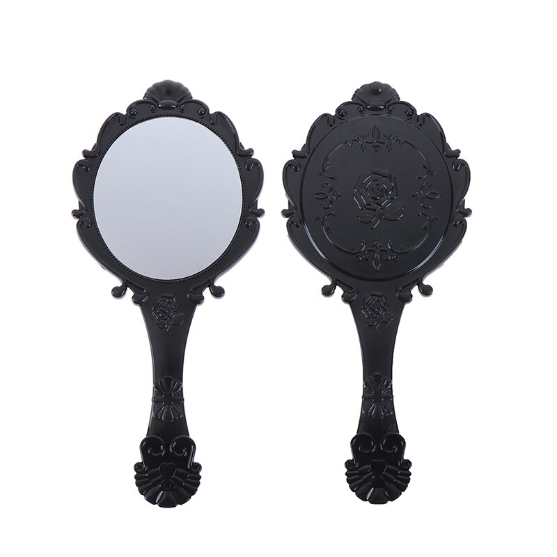 1PC Round Cosmetic Hand Held Mirror Mirror Handhold Makeup Mirror Repousse Floral Oval With Handle For Ladies Black/White: Black-L
