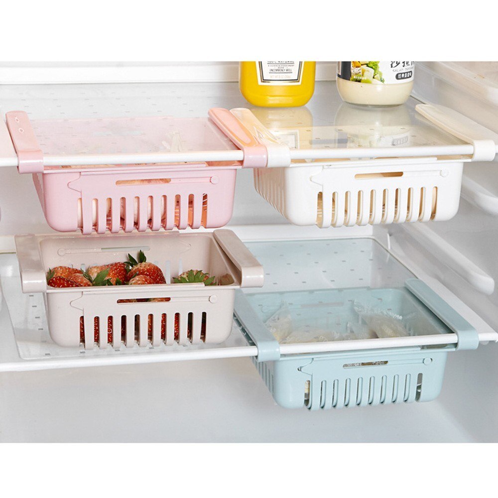 Kitchen PP Storage Box Food Fruit Container Organizer Rack Pull-out Drawer Stretch Refrigerator Storage Basket White