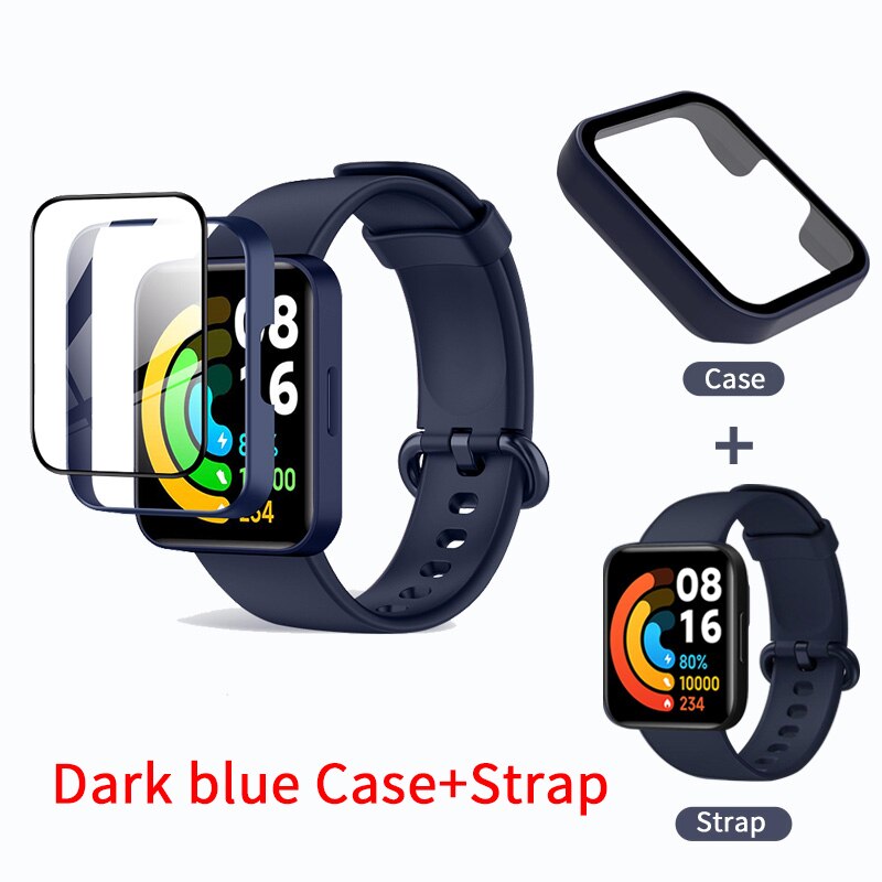 Szklane etui 9D + pasek do zegarka Redmi Watch 2 Lite PC Hard Cover Screen Protector Watchband Bransoletka do zegarka Redmi Watch2 Lite Akcesoria: Ciemny niebieski czarny
