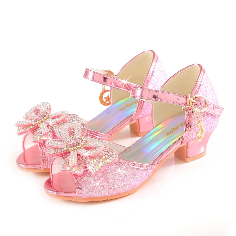 Sandalias de verano para niñas con tacón, zapatos con purpurina brillante y diamantes de imitación a la , zapatos de baile con perlas y pajarita de princesa para niños H876: Rosa / 34