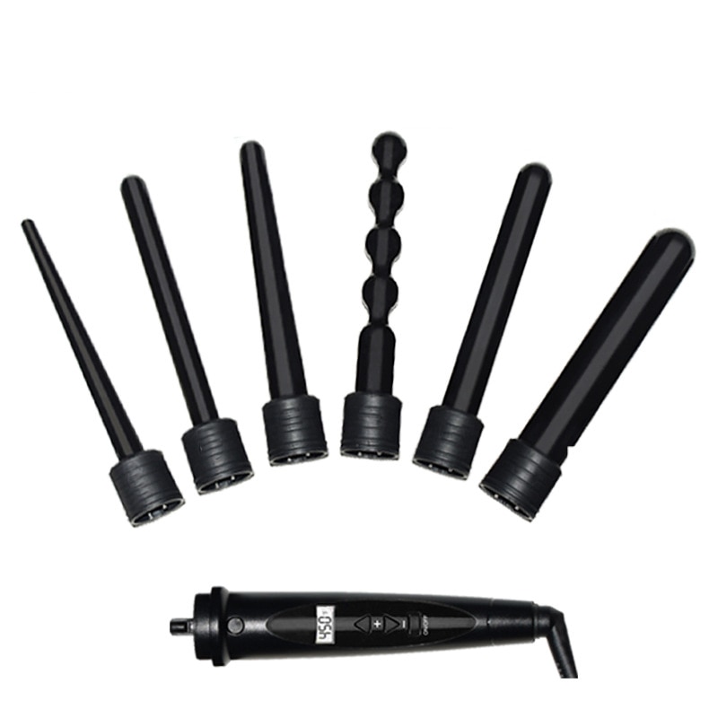 ！-Multifunctional 6 in 1 Curl Bar LCD Curling Ceramic Flat Iron Straightening Machine with 6x Shape Replacement Joint US Plug: Default Title