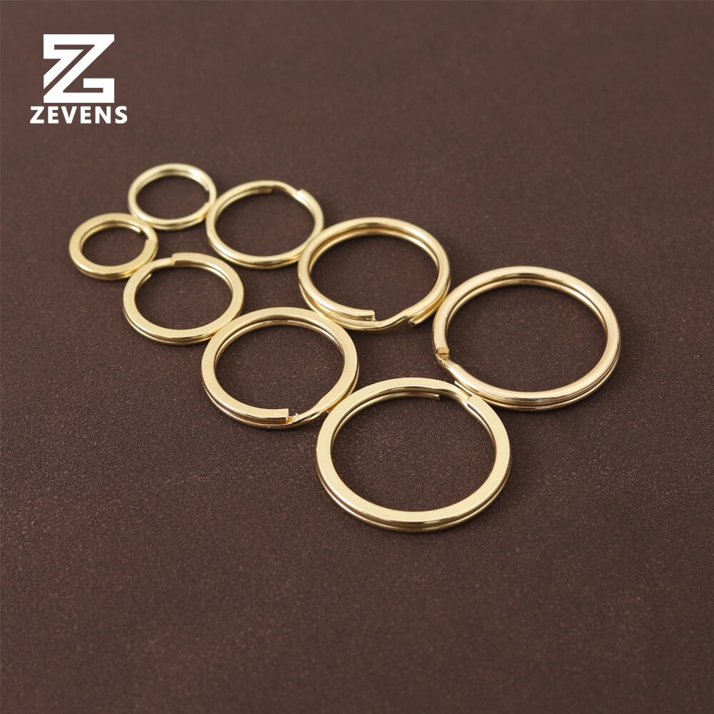 ZEVENS 10 pcs Solid Brass Key Ring Round Flat Style 15-30mm Double Loop Round Ring For Leather Craft DIY Handware