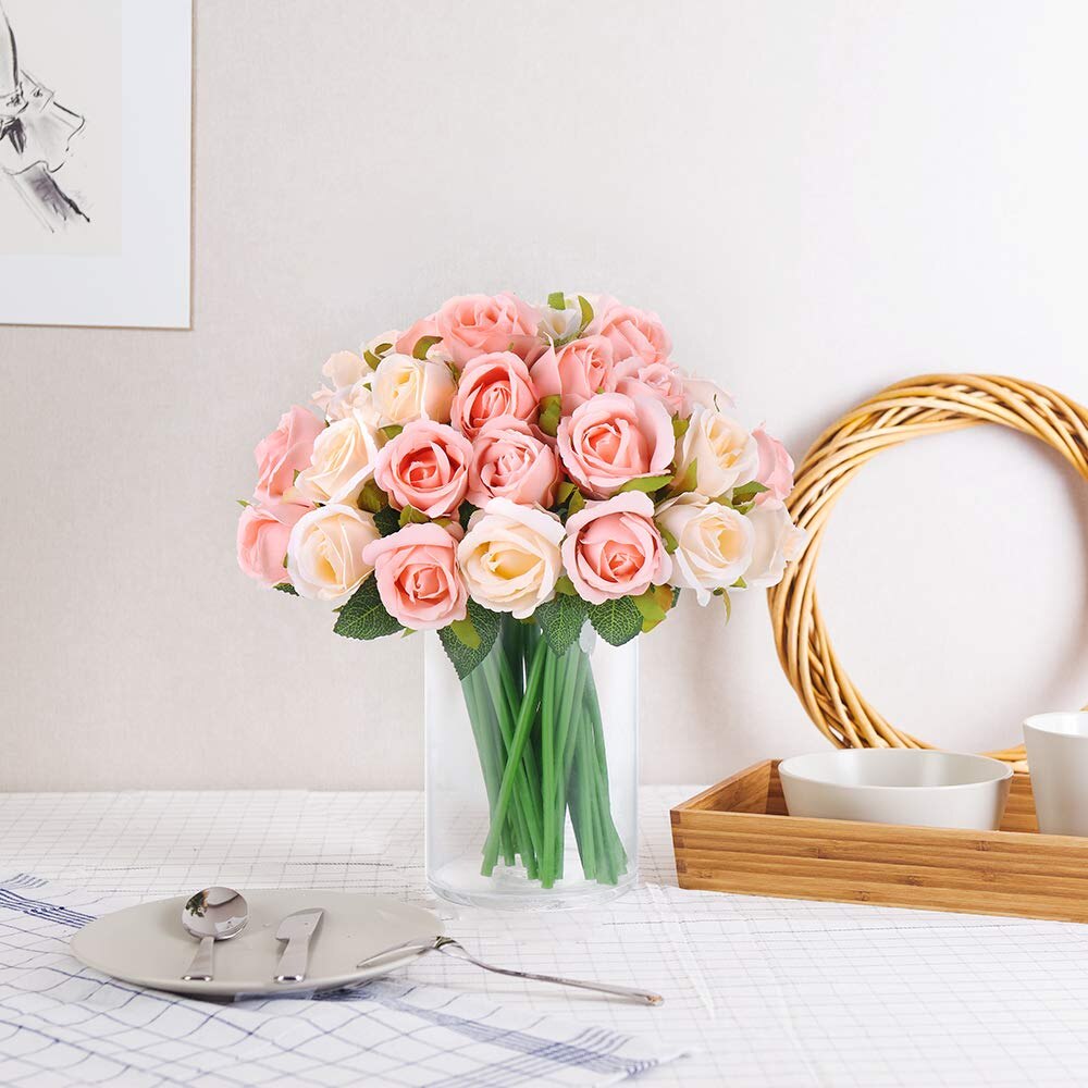 12Pcs Artificial Flowers Rose, Silk Roses Bridal Wedding 1 Bouquet Decoration Home Office Party Decor Arrangements