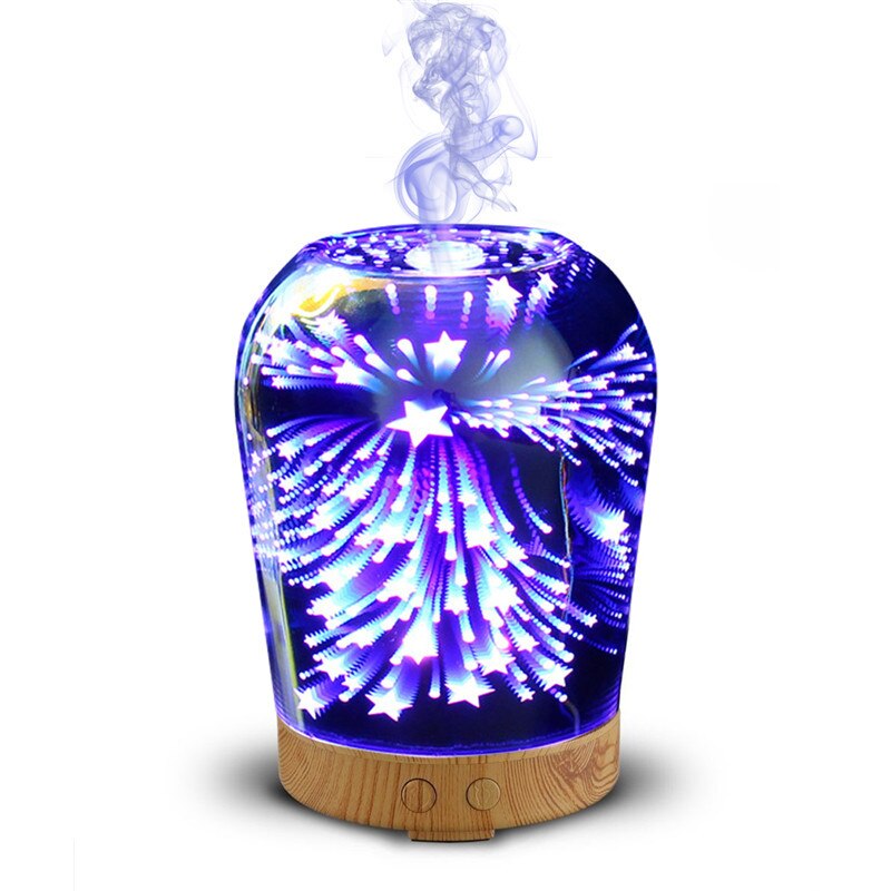 Humidificador de aire con luz led 3D para decoración del hogar, lámpara ultrasónica sirve como difusor y pulverizador de aceite aromático con imágenes de fuegos artificiales en la noche