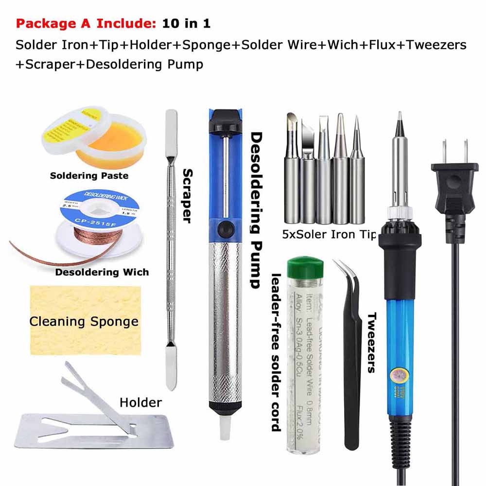 60W Electric Soldering Iron Welding Tool Kit Set Ceramic Heater Adjustable Temperature w/ Solder Pump Wire Tweezer Tip 110/220V: Package A / EU