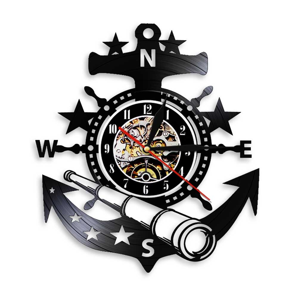 1 stück Anker Vinyl aufzeichnen Wanduhr Jahrgang Meer Marine Zauberstab Kunst Ozean Marine Zauberstab Poster Wanduhr Zeit Uhr Navigator: Nein LED