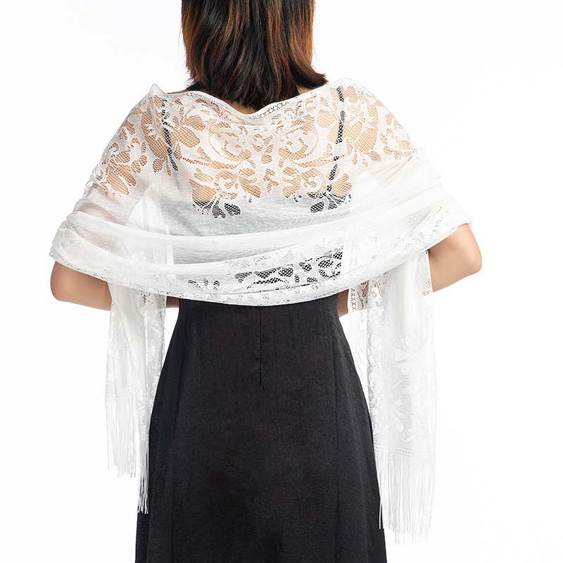 Vrouwen Wit Kant Sjaal Elegante Lange Tassel Tulle Sjaal en Sjaals Avond Party Wraps 200*63 cm: White
