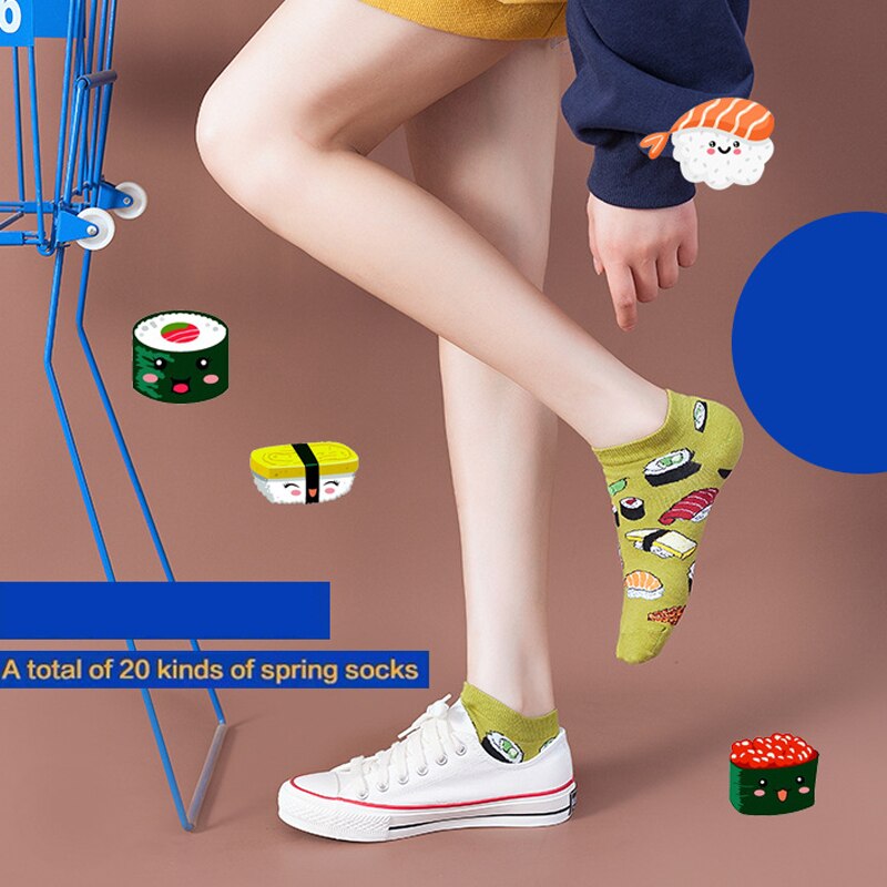 Grappige fruit avocado kunst onzichtbare zomer boot katoen blij no show sokken dames heren korte lage sokken pantoffels siliconen sokken