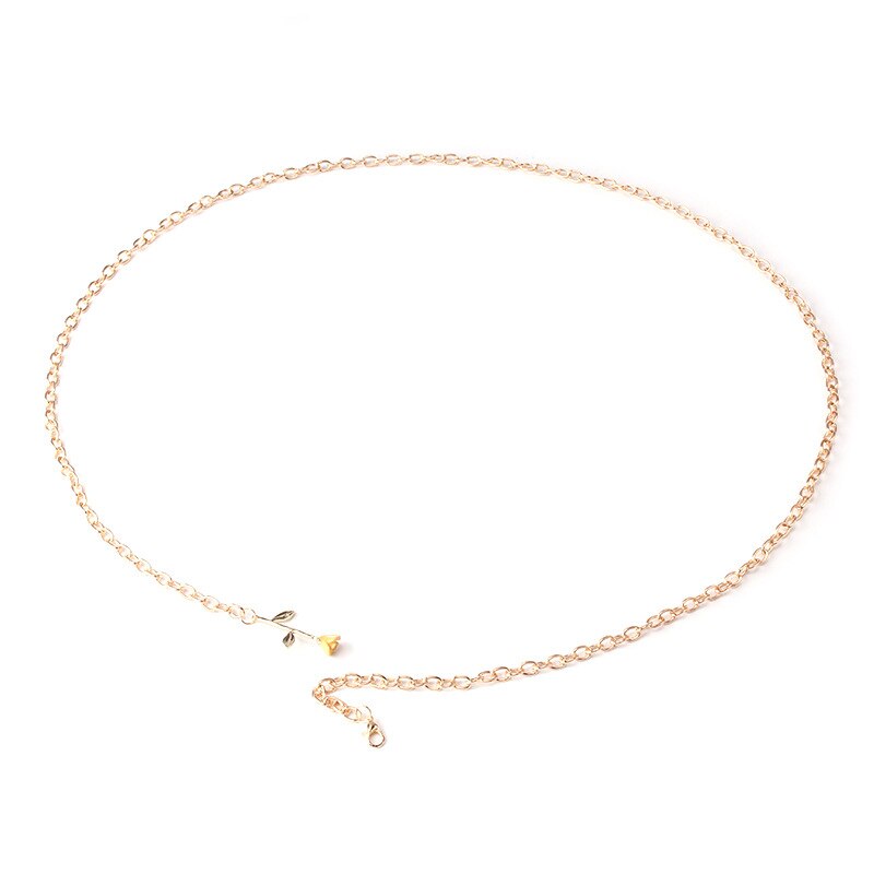 Gold Metal Thin Women Chain Belt Rose Flower Decorative Waist Chains All-Match Dress Adjustable Metal Straps