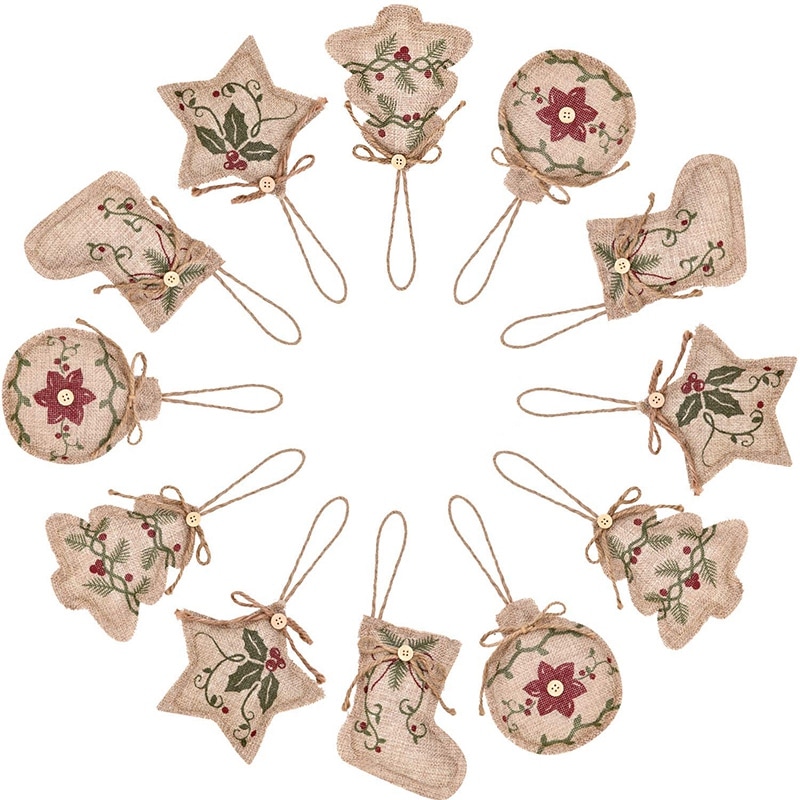 12 stuks kerstversieringen van jute, hangende kerstversieringen in de vorm van een kerstsok, balvormig voor een kerstfeestje , 4 s