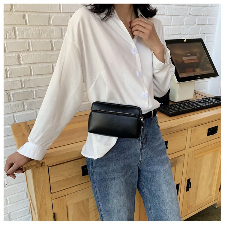 Double Pocket Women PU Waist Bag Female Crossbody Chest Bag Small PU Leather Lady Fanny Pack: Black