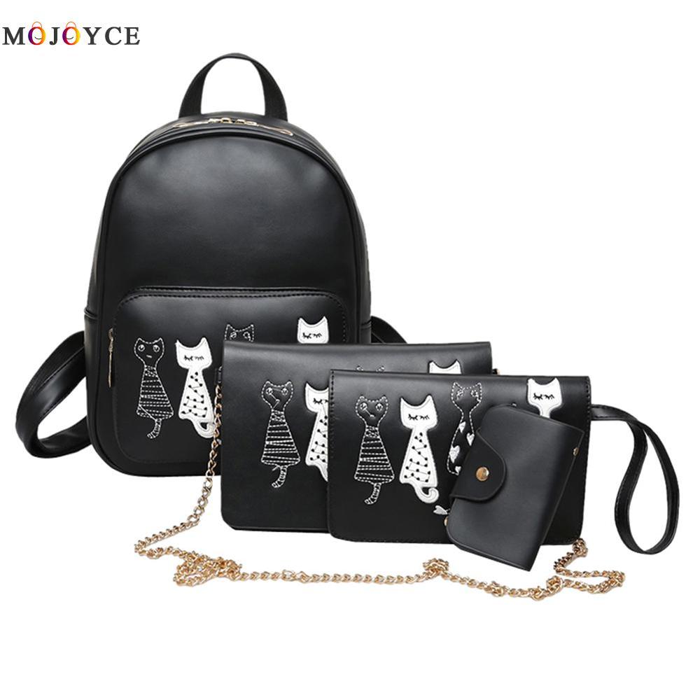 4Pcs/Set Small Backpacks female School Bags For Teenage Girls Black Pink PU Leather Women Backpack Shoulder Bag Purse Mochila: 03