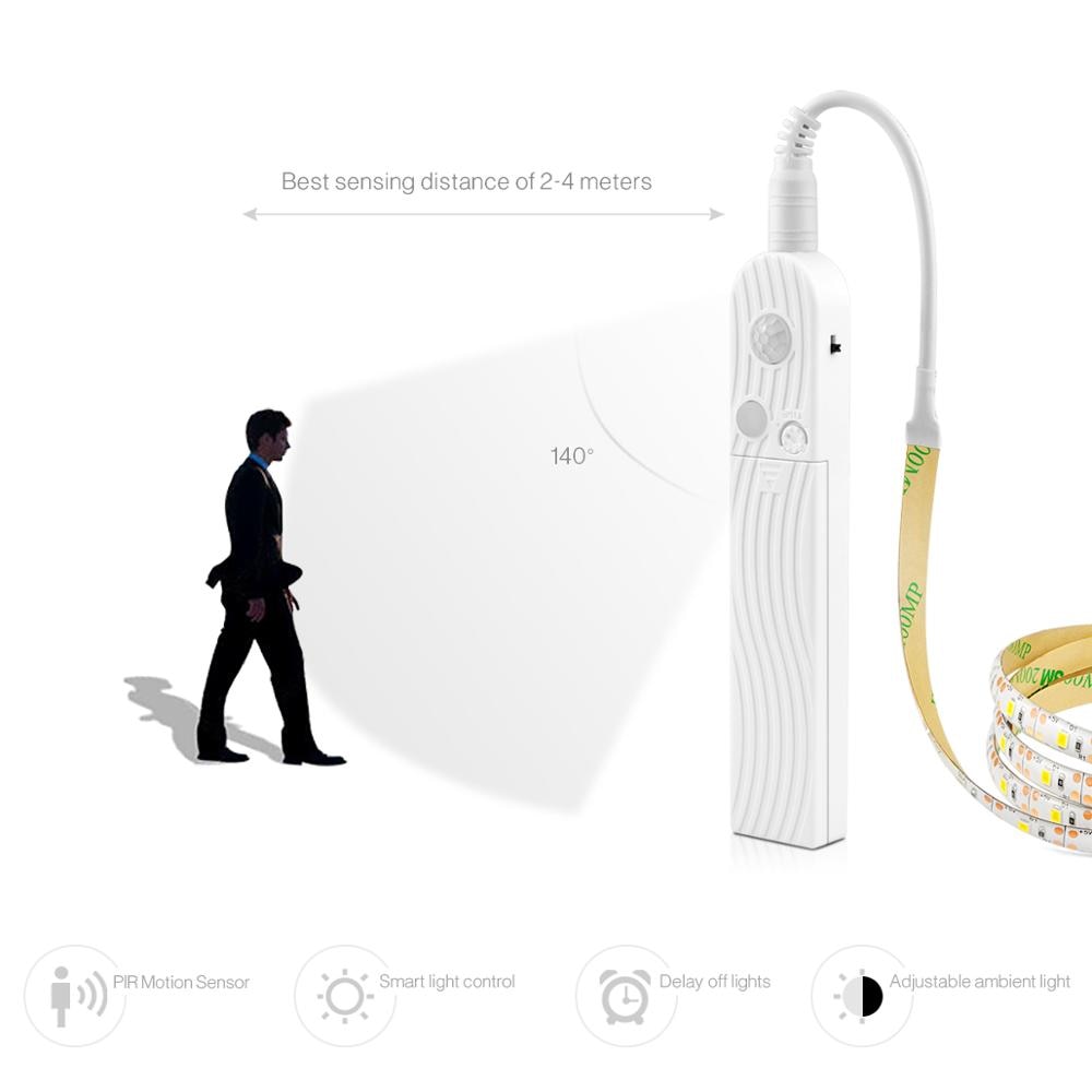 5v bevegelsessensor smart lampe automatisk på/av led stripe 1m 2m 3m led tape nattbord trapper garderobe natt sikkerhetslampe batteristrøm