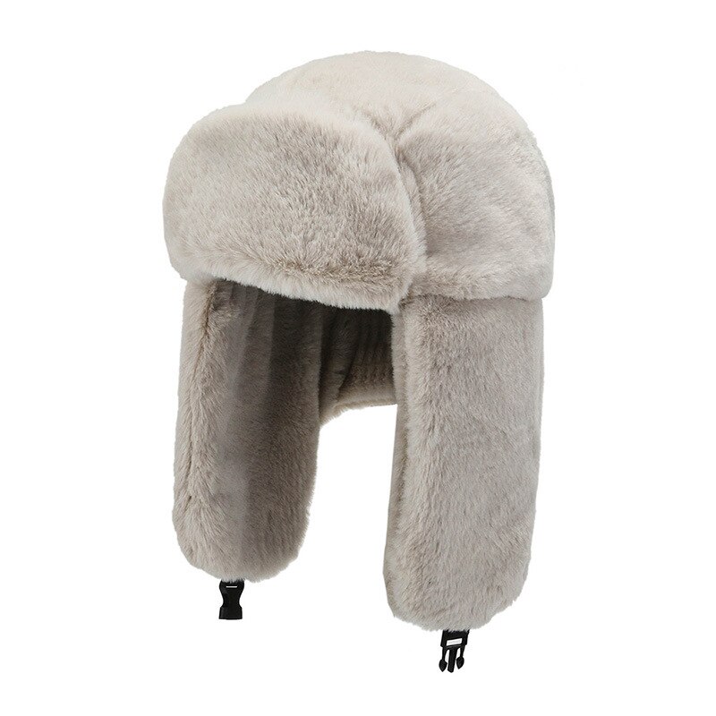 Winter Outdoor Riding Ski Hat With Earmuffs Thick Warm Soft Plush Faux Rabbit Fur Cap Women Windproof Russian Bomber Hat: Gray