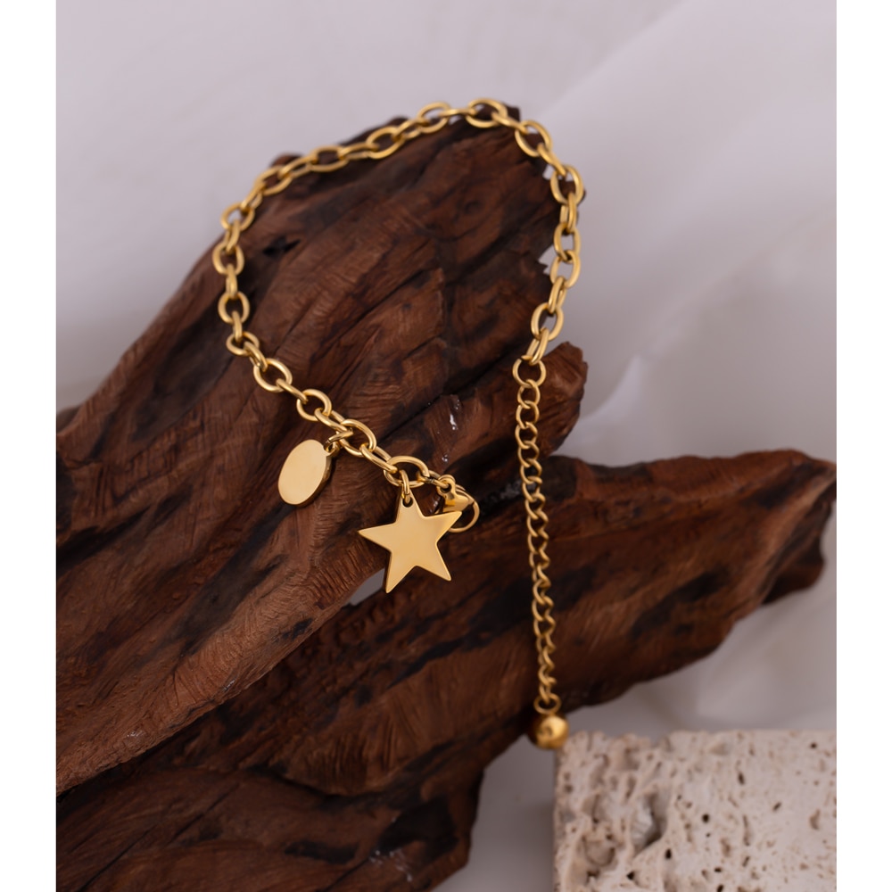 Yhpup breloque étoile ronde pendentif Bracelet en acier inoxydable bijoux pour femmes plaqué or métal