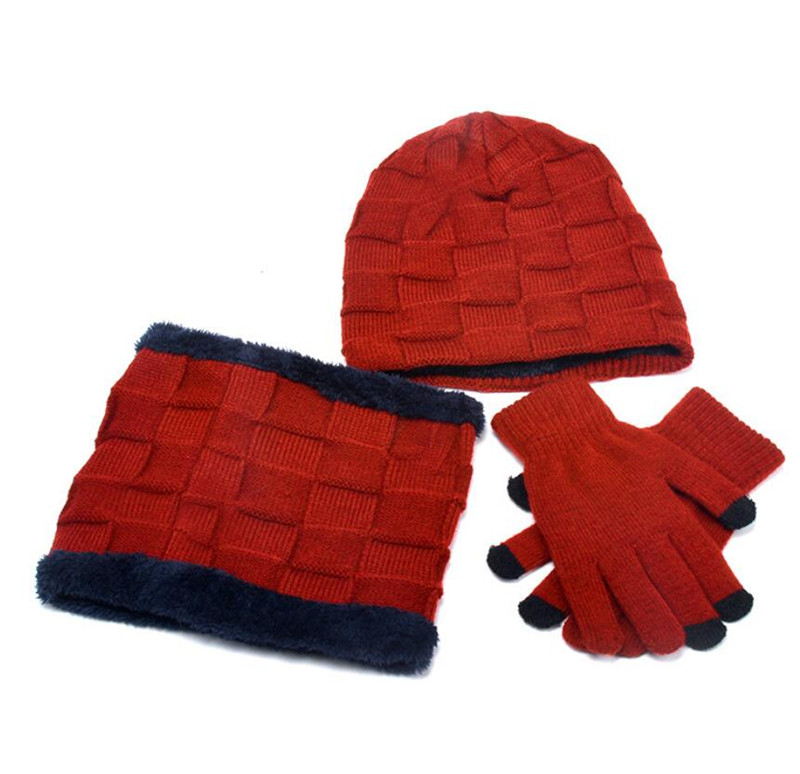 Barn strikket hat og tørklæde handsker sæt drenge piger vinter varm plys hat 3 dele sæt børn udendørs ski kasket tørklæder solid: Rød