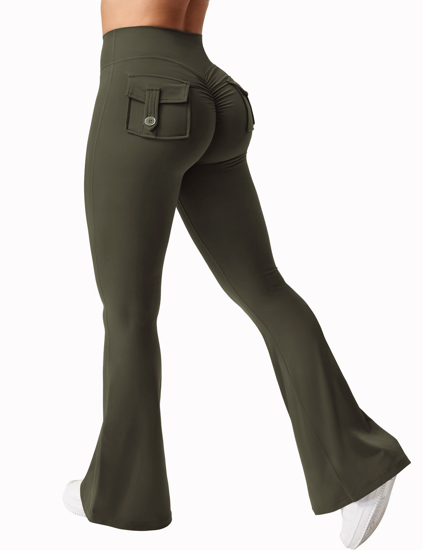 Neueste Damen-Yoga-Gamaschen mit weitem Bein und hohem Stretchanteil, nacktes Gefühl, Kompressions-Fitness-Arbeitskleidung mit Taschen, Yoga-Schlauch ﻿: S / Armee Grün