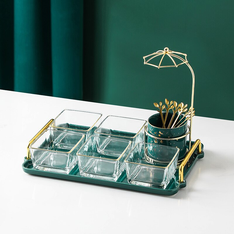 Plateau en verre doré, séparation des fruits secs, bol de séparation des aliments, plateaux décoratifs pour la maison, assaisonnement de cuisine, combinaison de vaisselle