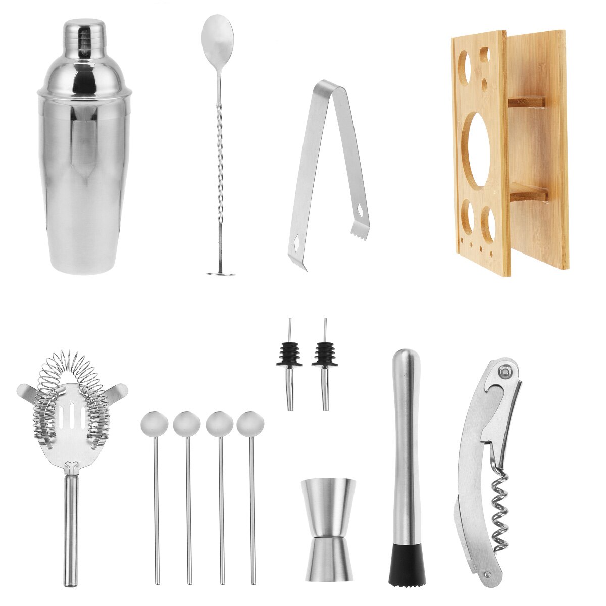 14pcs Stainless Steel Cocktail Shaker Set 550/750ml Kit Mixer Drink Bartender Kit Bareware Tools Set With Bamboo Wood Rack Stand